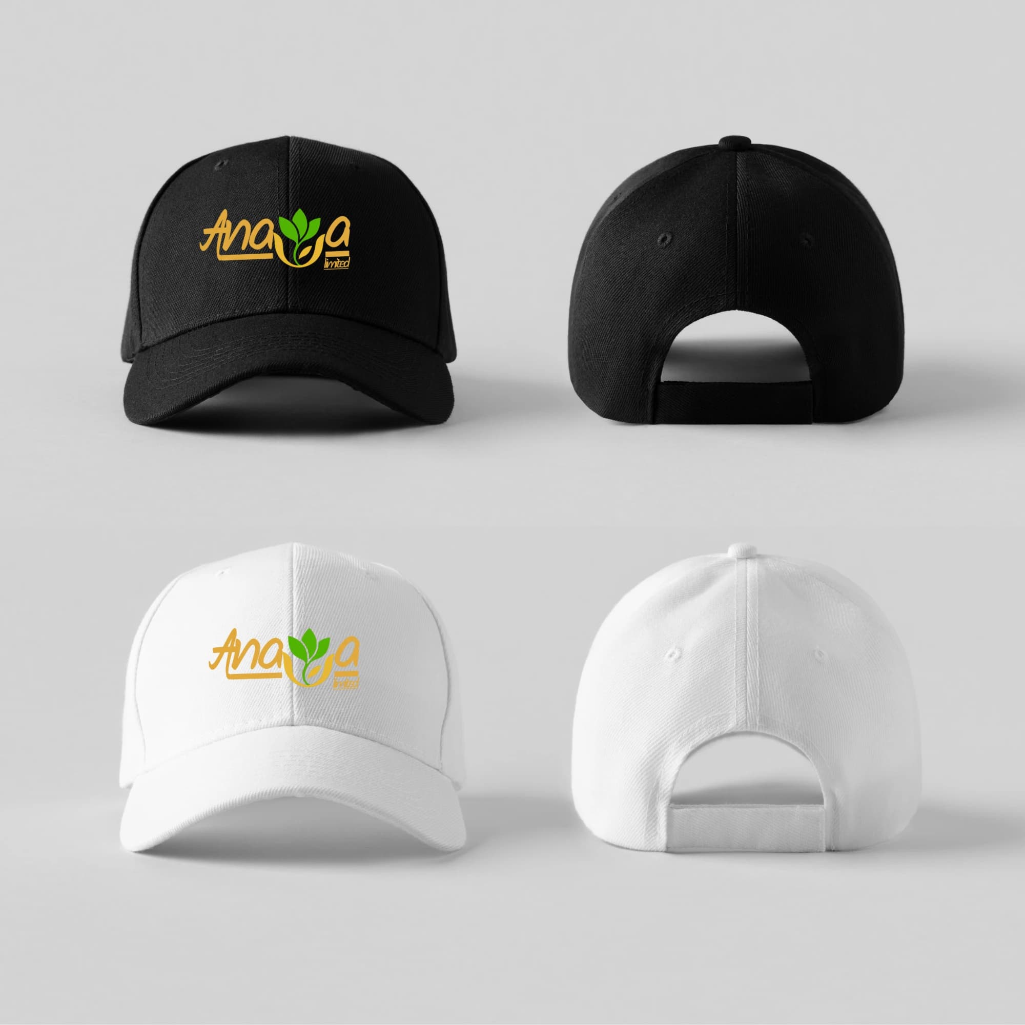 Anaya branded caps in black and white