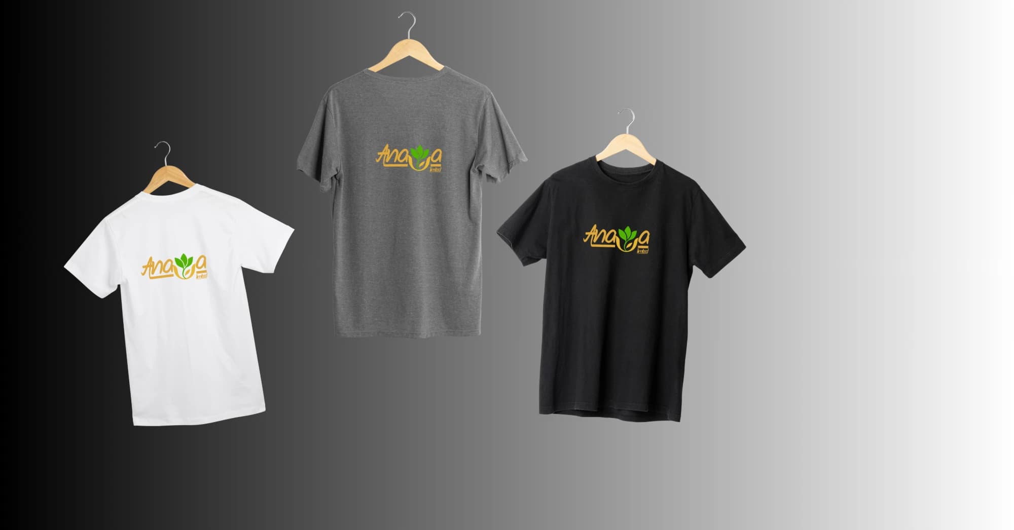 Anaya branded t-shirts in white, grey and black